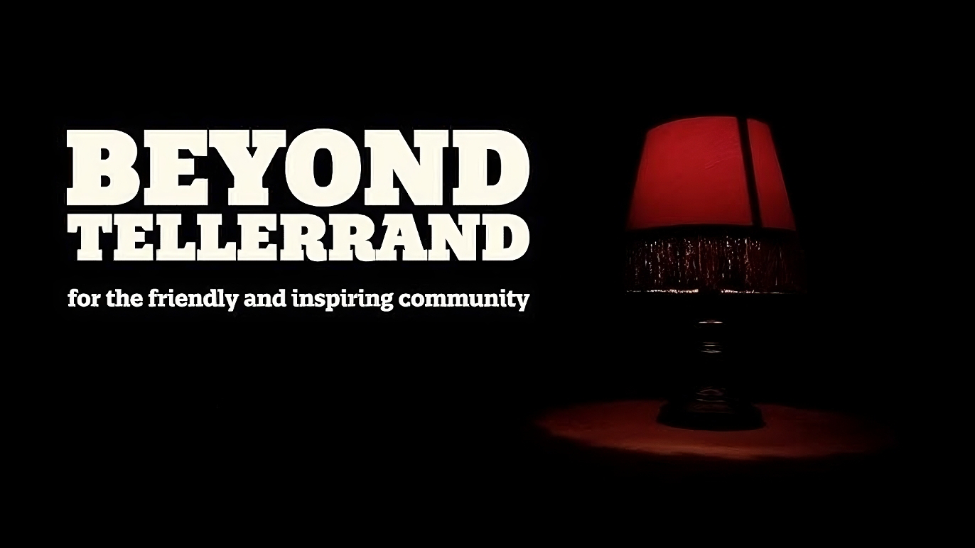 image très sombre, avec écrit 'Beyond Tellerrand, for the friendly and inspiring community' sur la gauche en blanc. Et une lampe de chevet rouge alumée (tamisée)